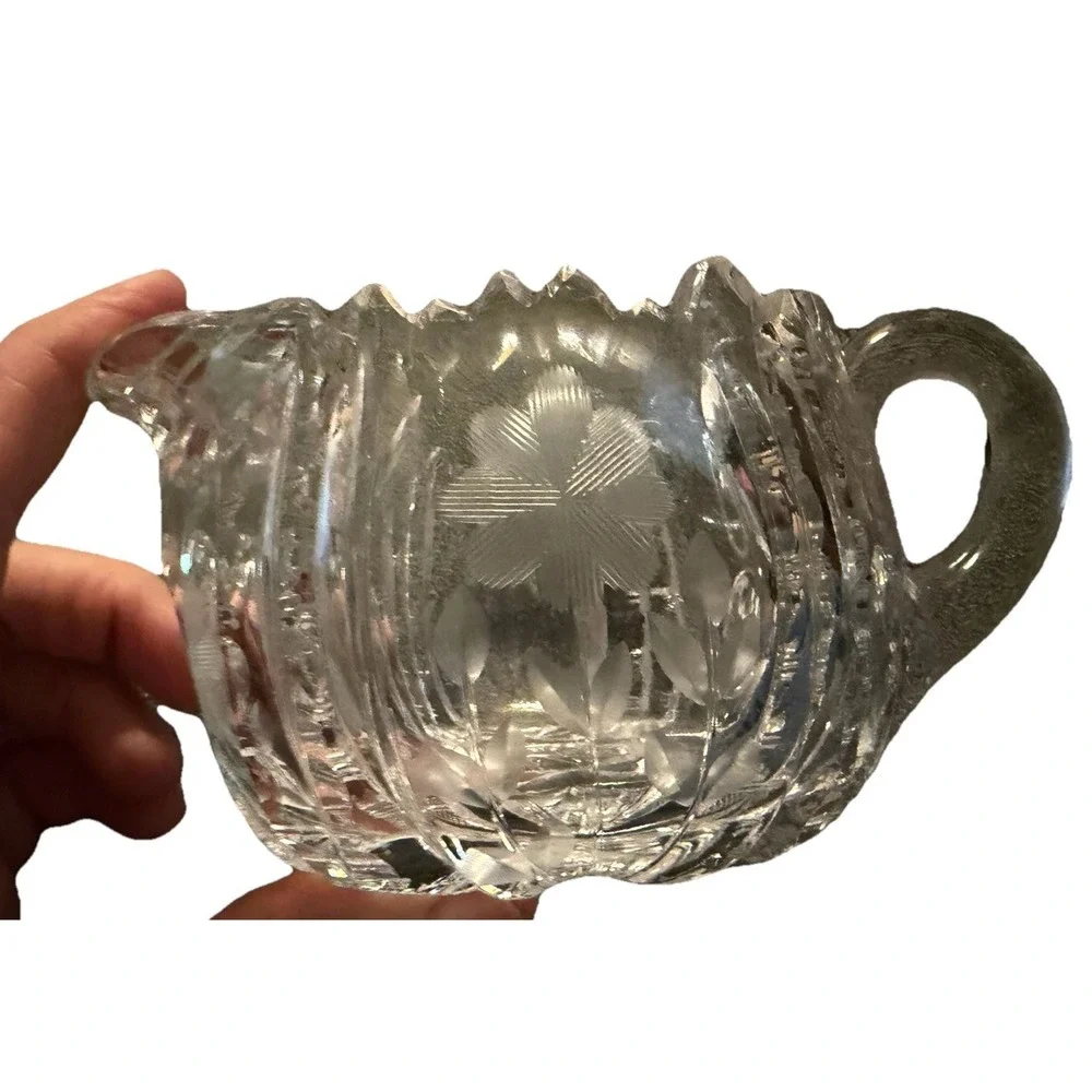 Vtg Heavy Cut Crystal Creamer & Sugar Set‎ Etched Floral Double Handle Sugar